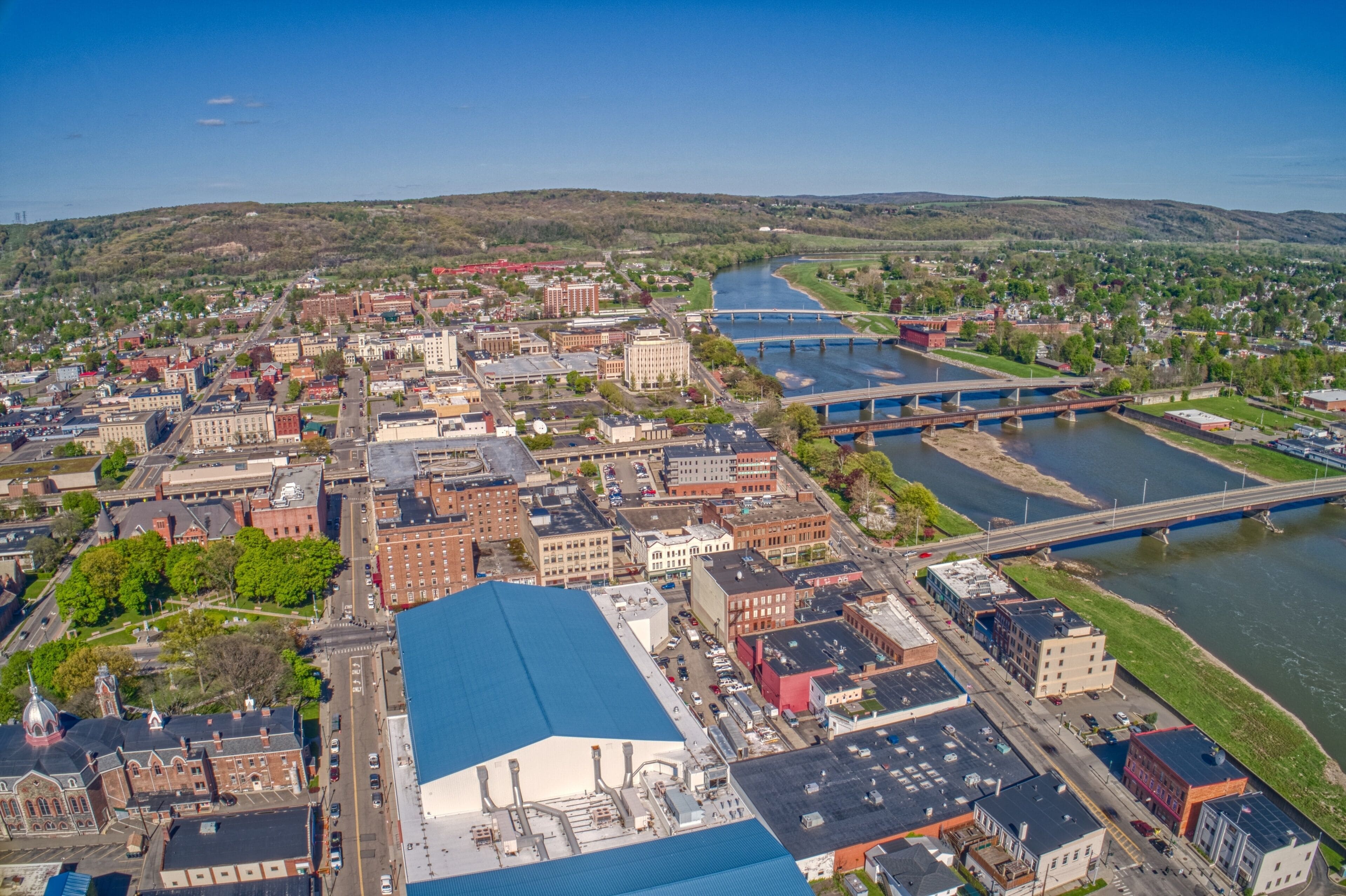 A small-town American street representing Elmira, New York